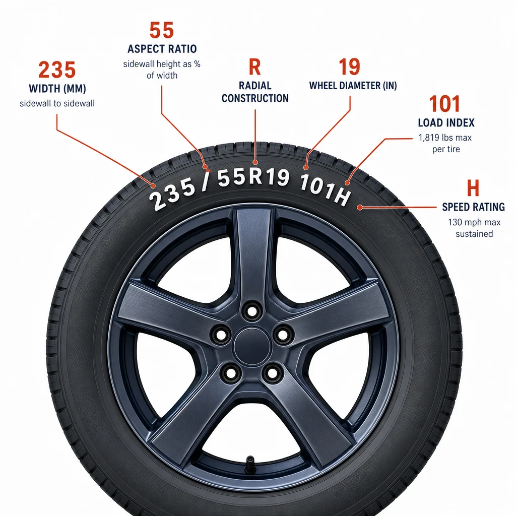 Labeled diagram of a tire sidewall showing what each part of a tire size means: width in millimeters, aspect ratio as a percentage of width, R for radial construction, wheel diameter in inches, load index, and speed rating.